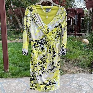 🌺 MUSE; Figure Flattering V-Neck Style Dress in Tan/Lime Green/Black/White Sz 2
